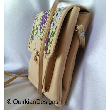 Beige Fake Leather Bag With Purple, Green And White Floral Embroidery Design, Day Clutch, Shopping Crossbody Sling Purse, Faux Leather Bag